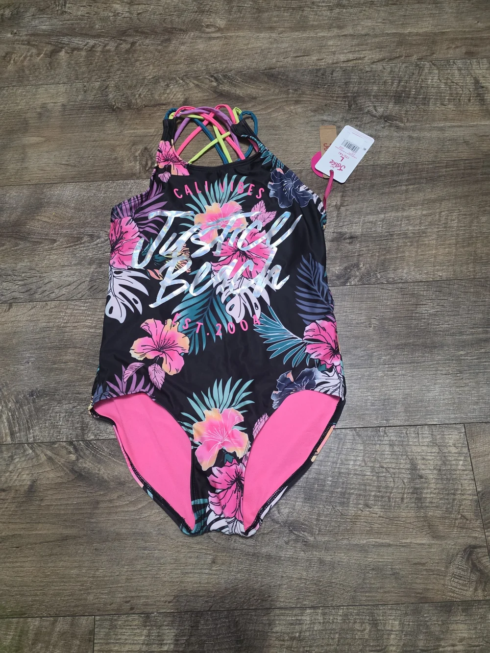 Justice Girls'  Tropical Floral One-Piece Swimsuit Pink Accents Size Large 12/14